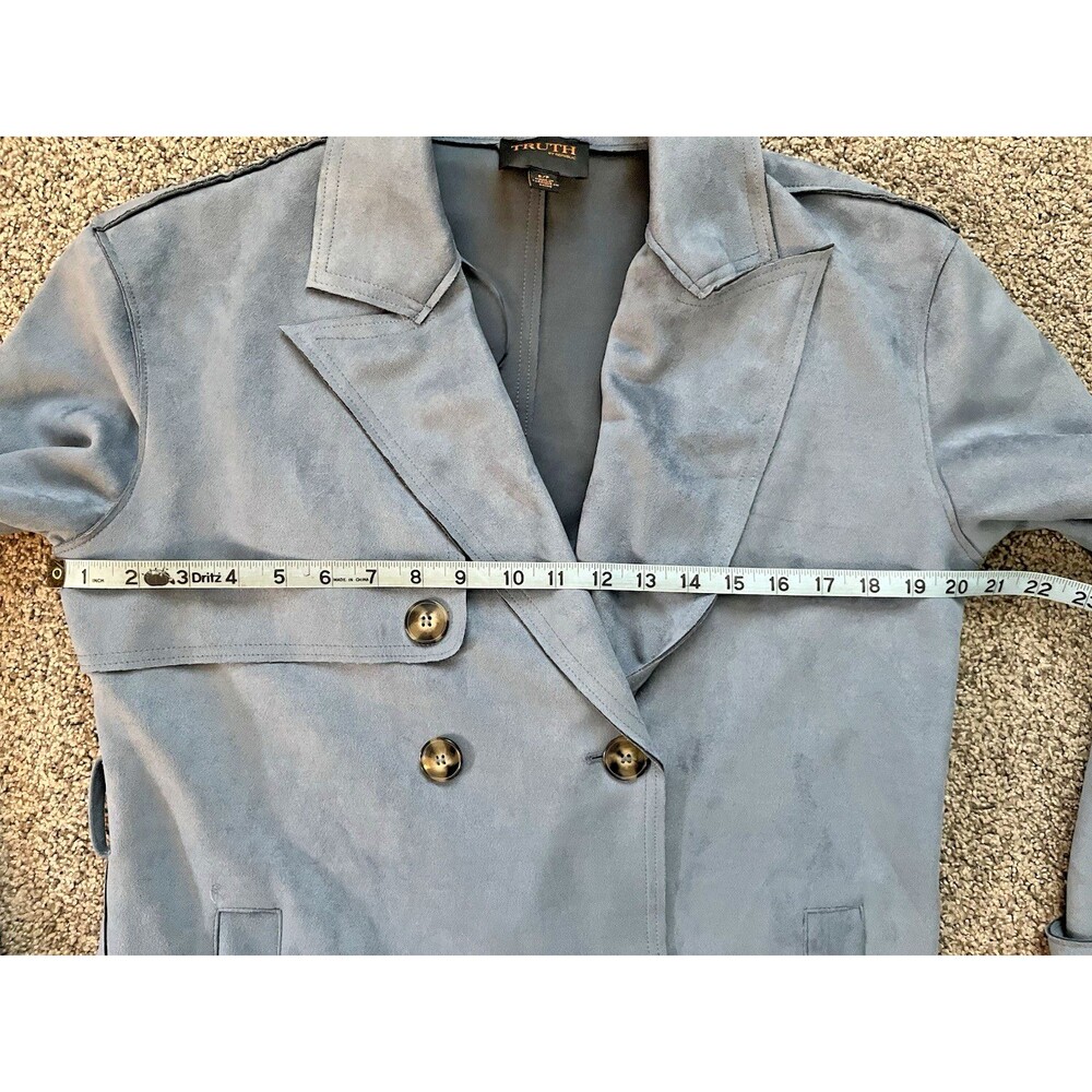 TRUTH BY REPUBLIC BLUE TRENCH COAT LUXURIOUS SOFT ULTRA SUEDE Sz Small - Picture 3 of 10